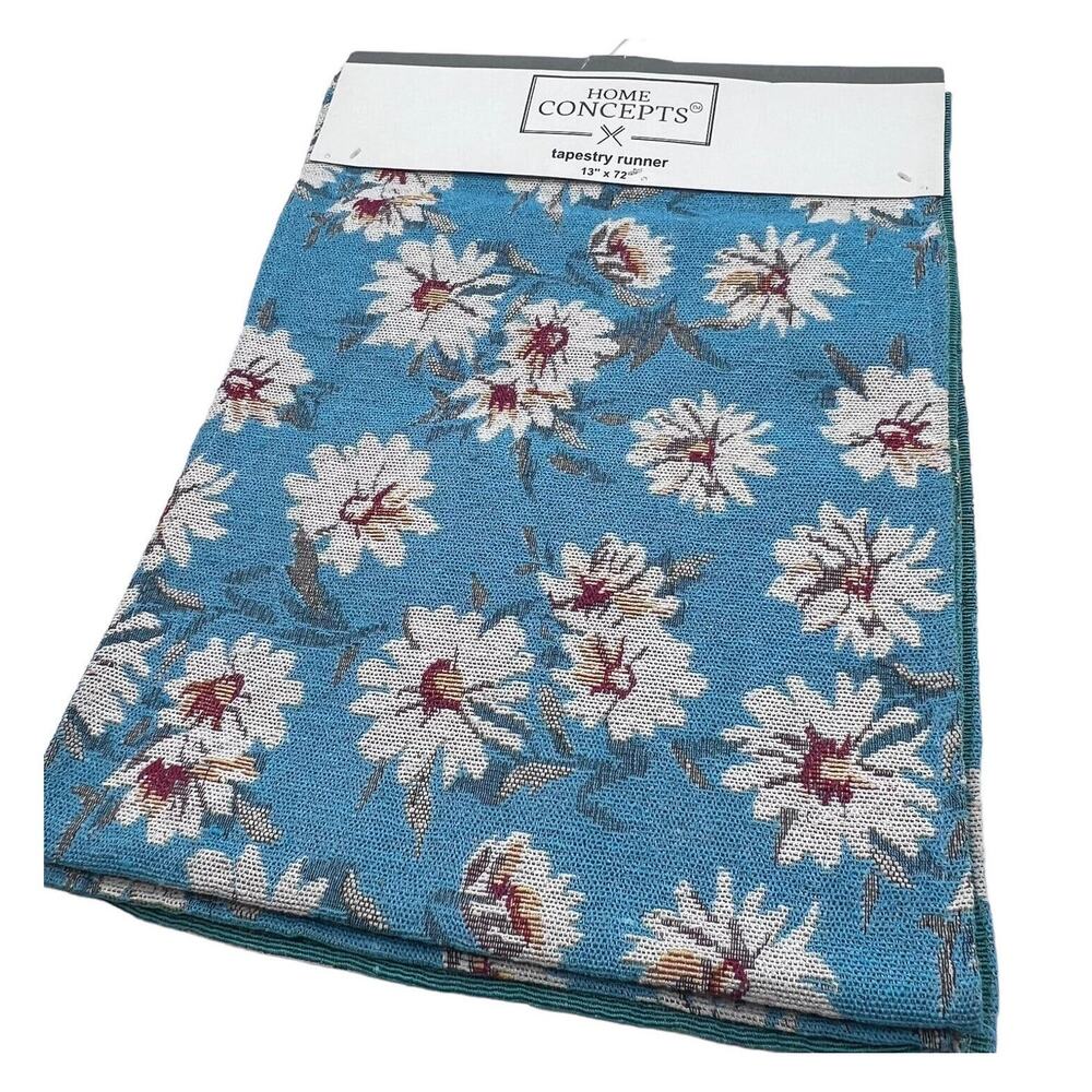Blue Red White Daisy Floral Tapestry Table Runner 13 x 72" Spring Summer NEW
